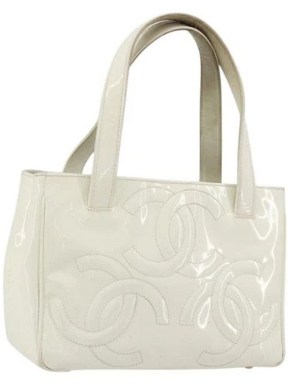 CHANEL Triple Coco Hand Bag Patent leather White CC Auth 180698